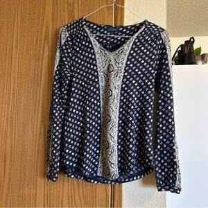 Lucky Brand Navy and Cream V-Neck Printed Tunic
